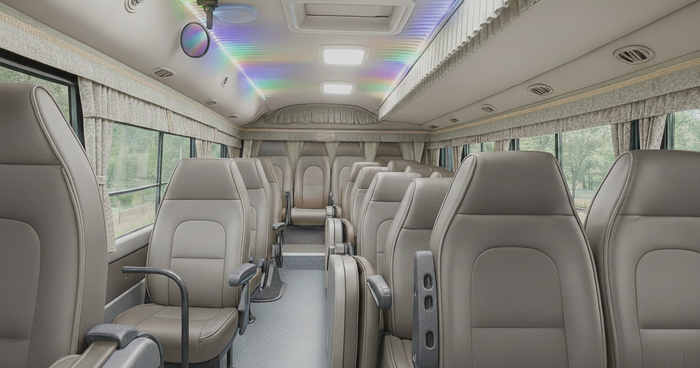 깨끗하고 안락한 25인승 중형버스 실내 좌석 구조