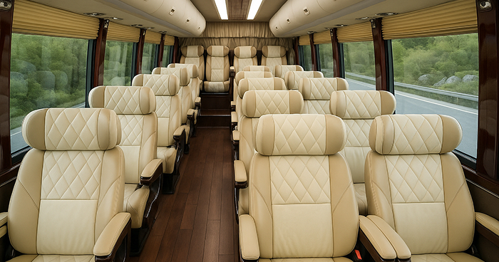 넓은 좌석 간격과 프리미엄 우등 시트를 갖춘 버스 실내